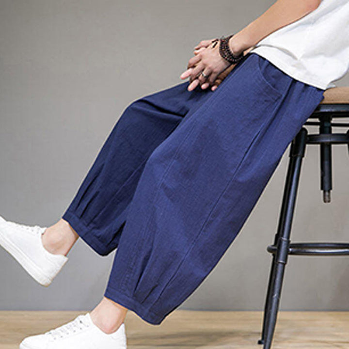 Buddha Stones Proste bawełniane męskie spodnie Capri Harem z kieszeniami - image 37