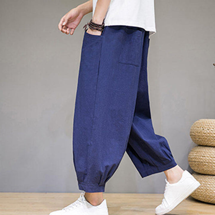 Buddha Stones Proste bawełniane męskie spodnie Capri Harem z kieszeniami - image 33