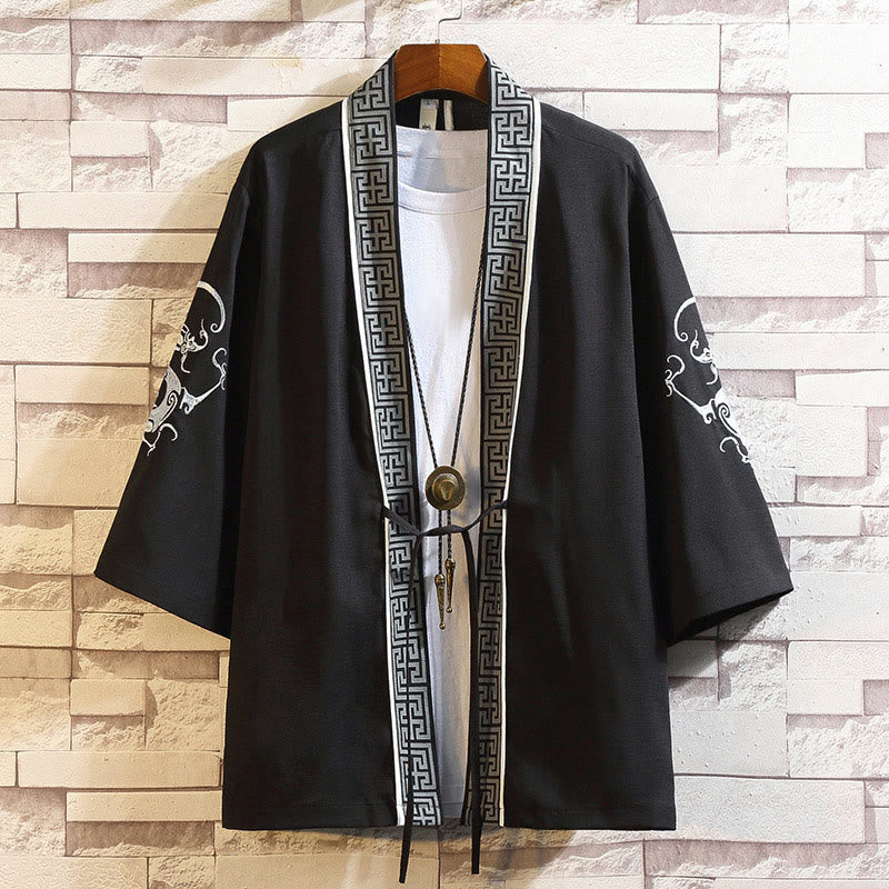 Kamienie Buddha Stones Smok Feniks Pomyślna Chmura Fale Liście Żurawie Otwarty Przód Kurtka Męska Kimono - Białe paski smoka-czarne - US/UK/AU46， EU56 (5XL) - image 0