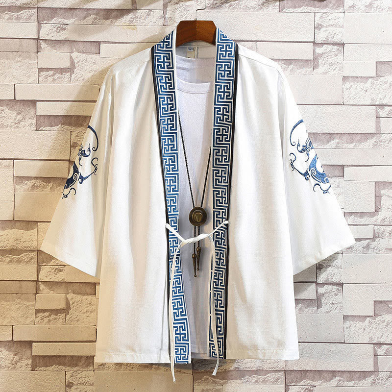 Kamienie Buddha Stones Smok Feniks Pomyślna Chmura Fale Liście Żurawie Otwarty Przód Kurtka Męska Kimono - Białe paski smoka-białe - US/UK/AU46， EU56 (5XL) - image 3