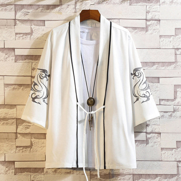 Kamienie Buddha Stones Smok Feniks Pomyślna Chmura Fale Liście Żurawie Otwarty Przód Kurtka Męska Kimono - Biały Smok-Biały - US/UK/AU46， EU56 (5XL) - image 8