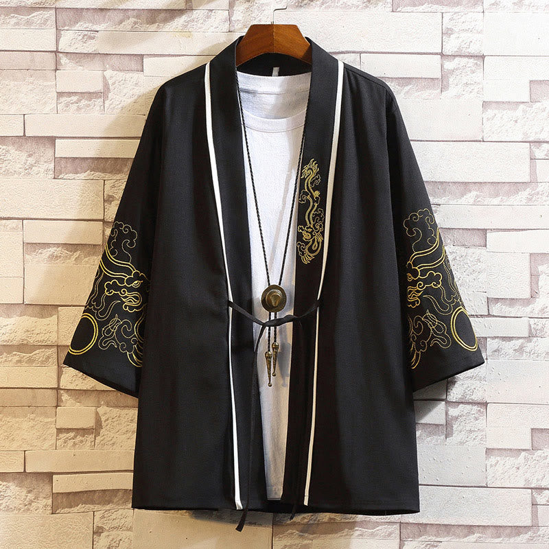Kamienie Buddha Stones Smok Feniks Pomyślna Chmura Fale Liście Żurawie Otwarty Przód Kurtka Męska Kimono - Złoty Smok Pomyślne Chmury-Czarny - US/UK/AU46， EU56 (5XL) - image 10
