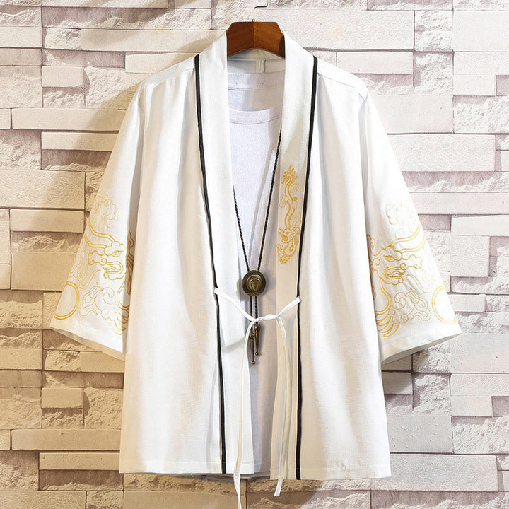 Kamienie Buddha Stones Smok Feniks Pomyślna Chmura Fale Liście Żurawie Otwarty Przód Kurtka Męska Kimono - Złoty Smok Pomyślne Chmury-Białe - US/UK/AU46， EU56 (5XL) - image 12
