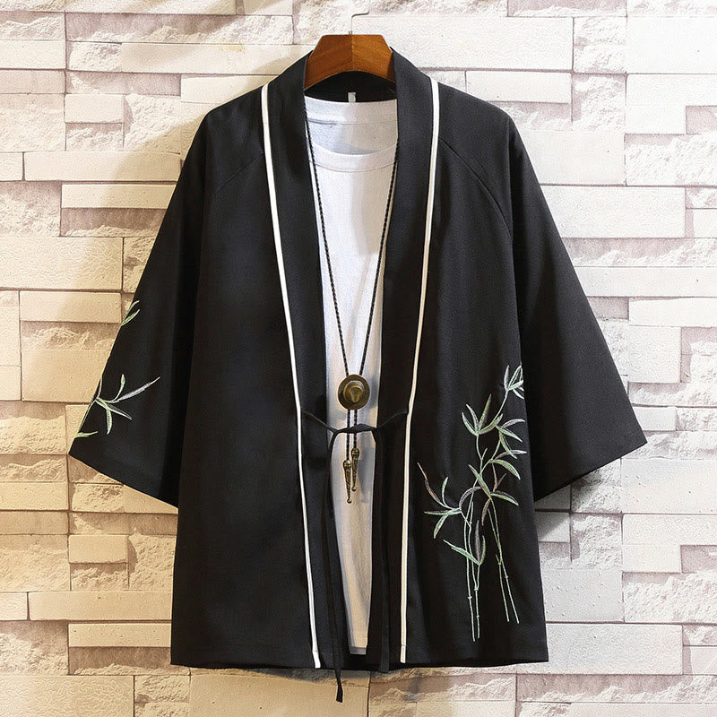 Kamienie Buddha Stones Smok Feniks Pomyślna Chmura Fale Liście Żurawie Otwarty Przód Kurtka Męska Kimono - Liście-czarne - US/UK/AU46， EU56 (5XL) - image 14