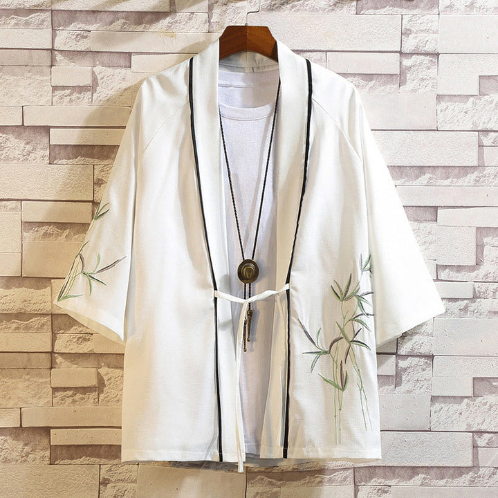 Kamienie Buddha Stones Smok Feniks Pomyślna Chmura Fale Liście Żurawie Otwarty Przód Kurtka Męska Kimono - Liście-białe - US/UK/AU46， EU56 (5XL) - image 16