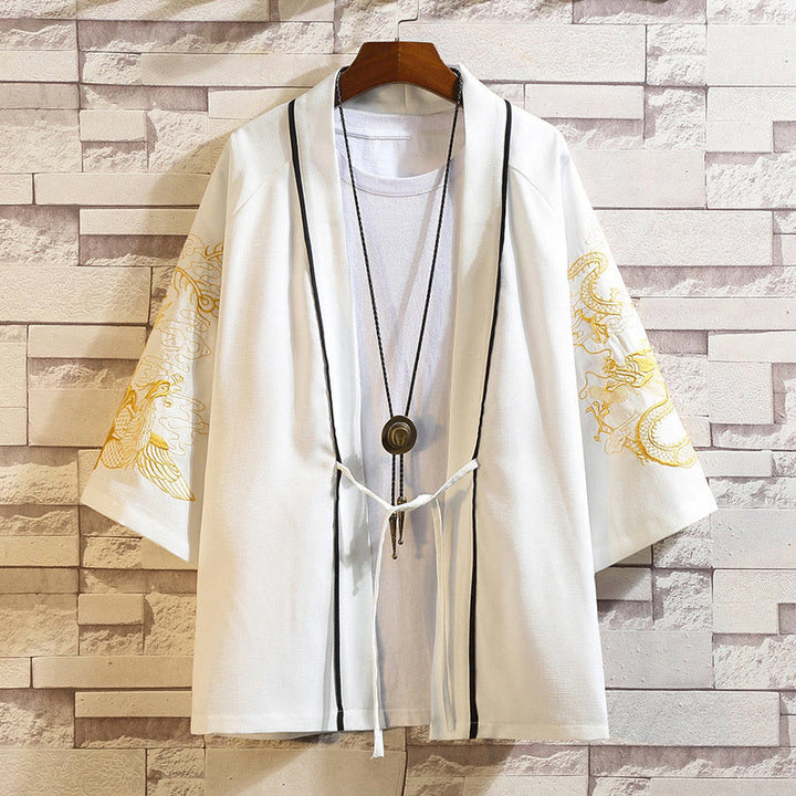 Kamienie Buddha Stones Smok Feniks Pomyślna Chmura Fale Liście Żurawie Otwarty Przód Kurtka Męska Kimono - Złoty Smok Feniks-Biały - US/UK/AU46， EU56 (5XL) - image 20