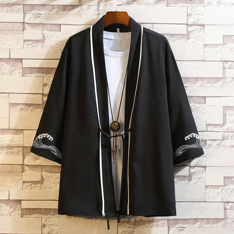 Kamienie Buddha Stones Smok Feniks Pomyślna Chmura Fale Liście Żurawie Otwarty Przód Kurtka Męska Kimono - Fale oceaniczne-czarne - US/UK/AU46， EU56 (5XL) - image 37
