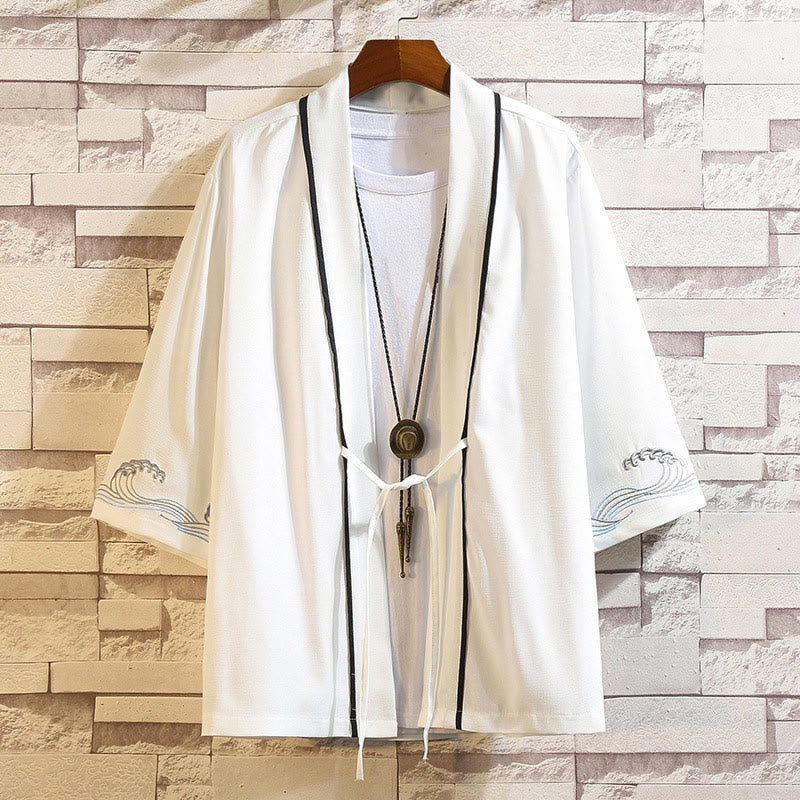 Kamienie Buddha Stones Smok Feniks Pomyślna Chmura Fale Liście Żurawie Otwarty Przód Kurtka Męska Kimono - Fale oceaniczne-białe - US/UK/AU46， EU56 (5XL) - image 39