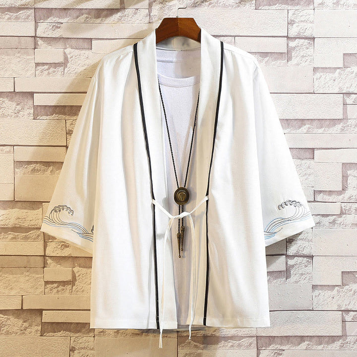 Kamienie Buddha Stones Smok Feniks Pomyślna Chmura Fale Liście Żurawie Otwarty Przód Kurtka Męska Kimono - Fale oceaniczne-białe - US/UK/AU46， EU56 (5XL) - image 39