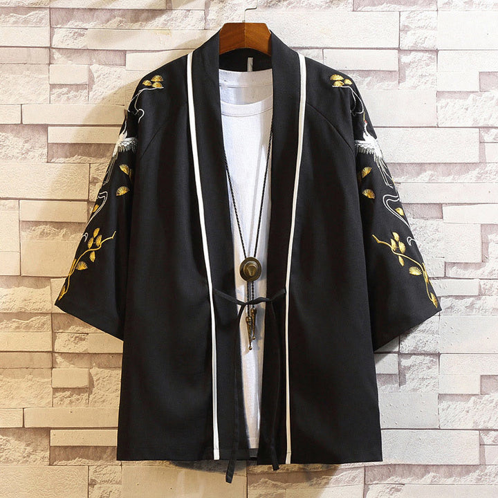 Kamienie Buddha Stones Smok Feniks Pomyślna Chmura Fale Liście Żurawie Otwarty Przód Kurtka Męska Kimono - Biały Żuraw-Czarny - US/UK/AU46， EU56 (5XL) - image 41