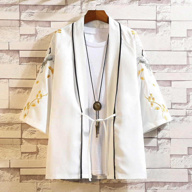 Kamienie Buddha Stones Smok Feniks Pomyślna Chmura Fale Liście Żurawie Otwarty Przód Kurtka Męska Kimono - Biały Żuraw-Biały - US/UK/AU46， EU56 (5XL) - image 43