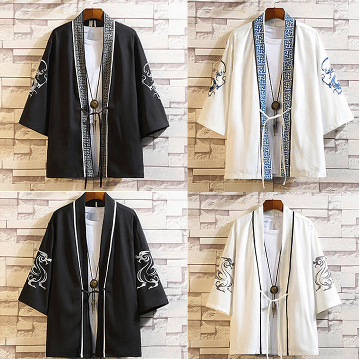 Kamienie Buddha Stones Smok Feniks Pomyślna Chmura Fale Liście Żurawie Otwarty Przód Kurtka Męska Kimono - image 45