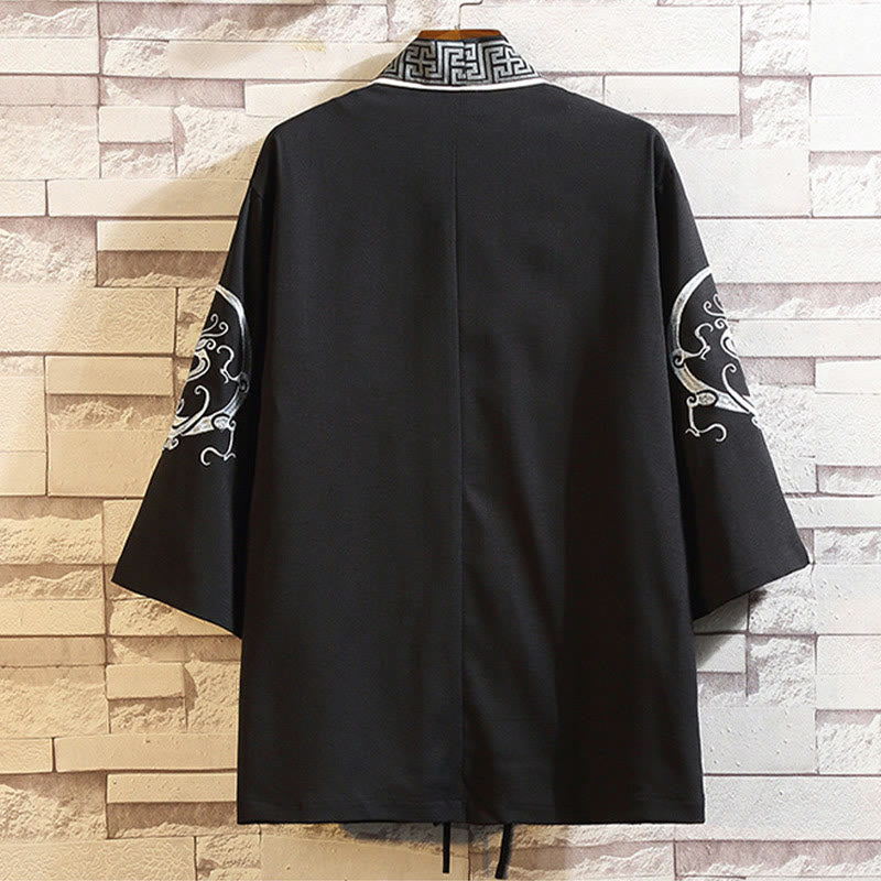 Kamienie Buddha Stones Smok Feniks Pomyślna Chmura Fale Liście Żurawie Otwarty Przód Kurtka Męska Kimono - image 1