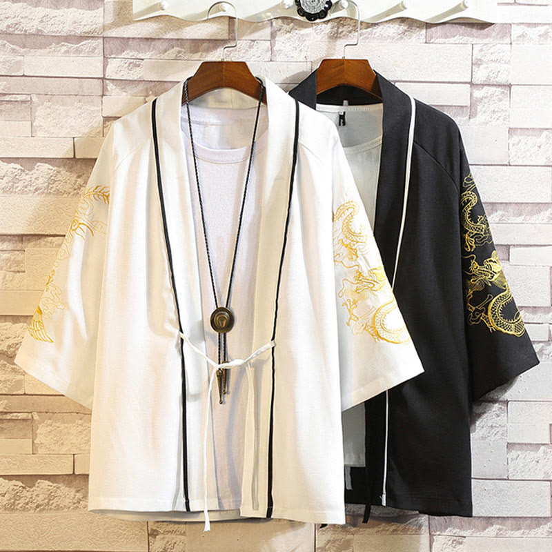 Kamienie Buddha Stones Smok Feniks Pomyślna Chmura Fale Liście Żurawie Otwarty Przód Kurtka Męska Kimono - image 36