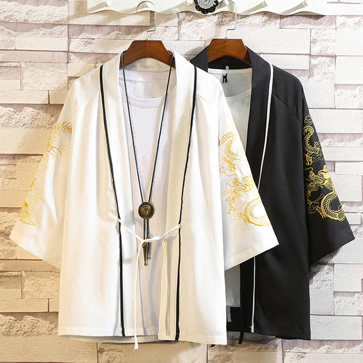 Kamienie Buddha Stones Smok Feniks Pomyślna Chmura Fale Liście Żurawie Otwarty Przód Kurtka Męska Kimono - image 36