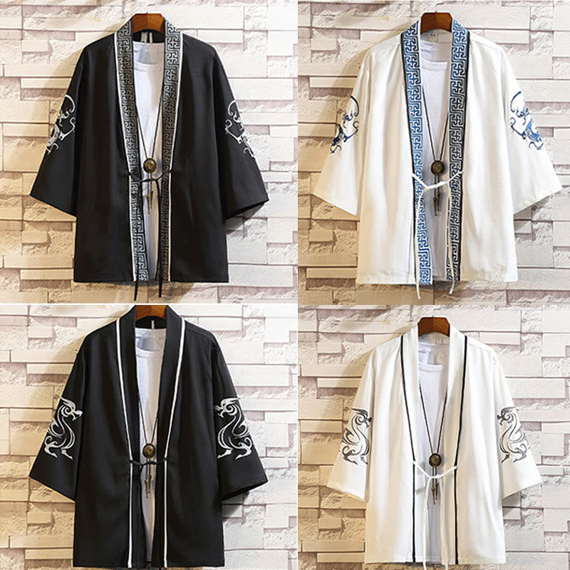 Kamienie Buddha Stones Smok Feniks Pomyślna Chmura Fale Liście Żurawie Otwarty Przód Kurtka Męska Kimono - image 45