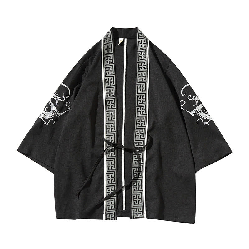 Kamienie Buddha Stones Smok Feniks Pomyślna Chmura Fale Liście Żurawie Otwarty Przód Kurtka Męska Kimono - image 2