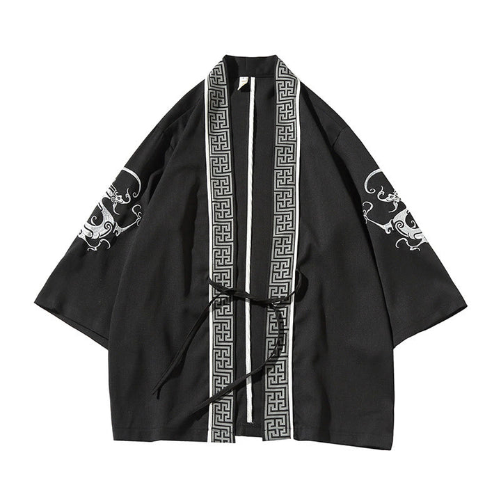Kamienie Buddha Stones Smok Feniks Pomyślna Chmura Fale Liście Żurawie Otwarty Przód Kurtka Męska Kimono - image 2