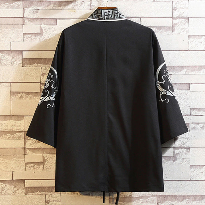 Kamienie Buddha Stones Smok Feniks Pomyślna Chmura Fale Liście Żurawie Otwarty Przód Kurtka Męska Kimono - image 1