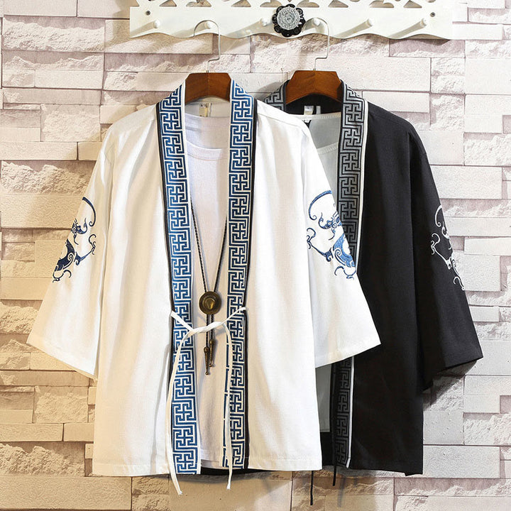 Kamienie Buddha Stones Smok Feniks Pomyślna Chmura Fale Liście Żurawie Otwarty Przód Kurtka Męska Kimono - image 5