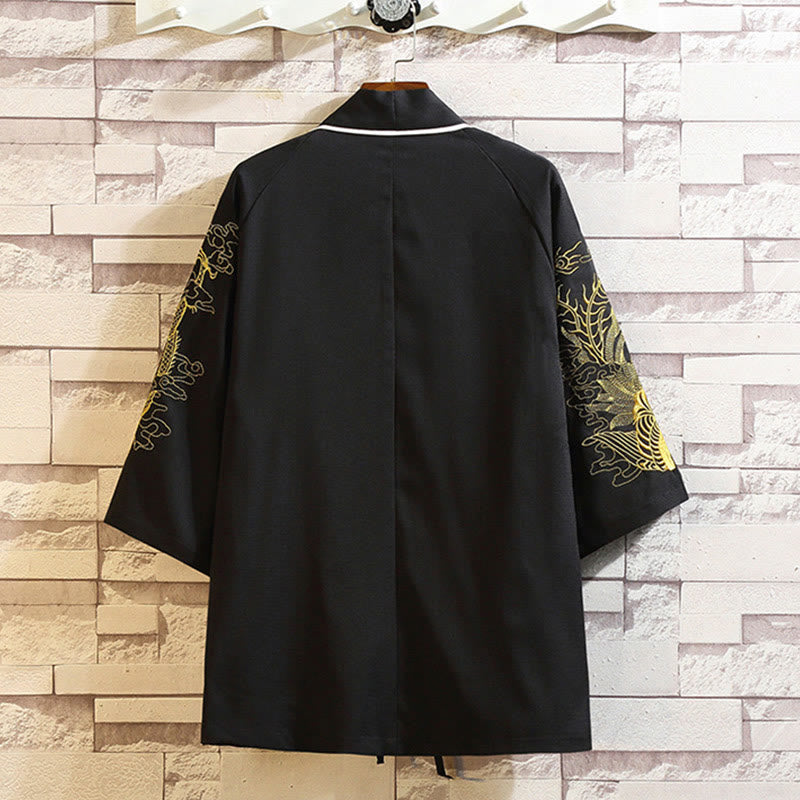 Kamienie Buddha Stones Smok Feniks Pomyślna Chmura Fale Liście Żurawie Otwarty Przód Kurtka Męska Kimono - image 19