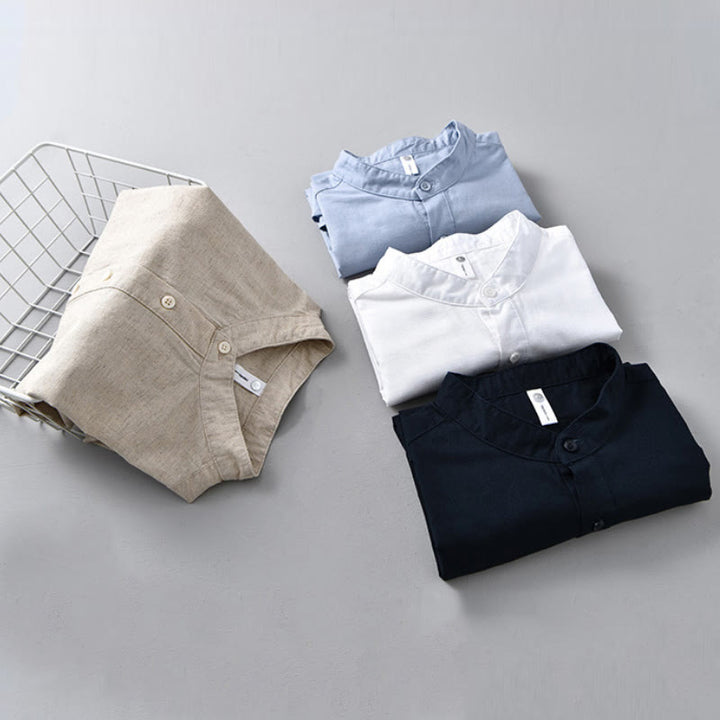 Koszula męska z krótkim rękawem z bawełny i lnu z krótkim rękawem i krótkim rękawem w jednolitym kolorze z kolekcji Buddha Stones Summer - image 18