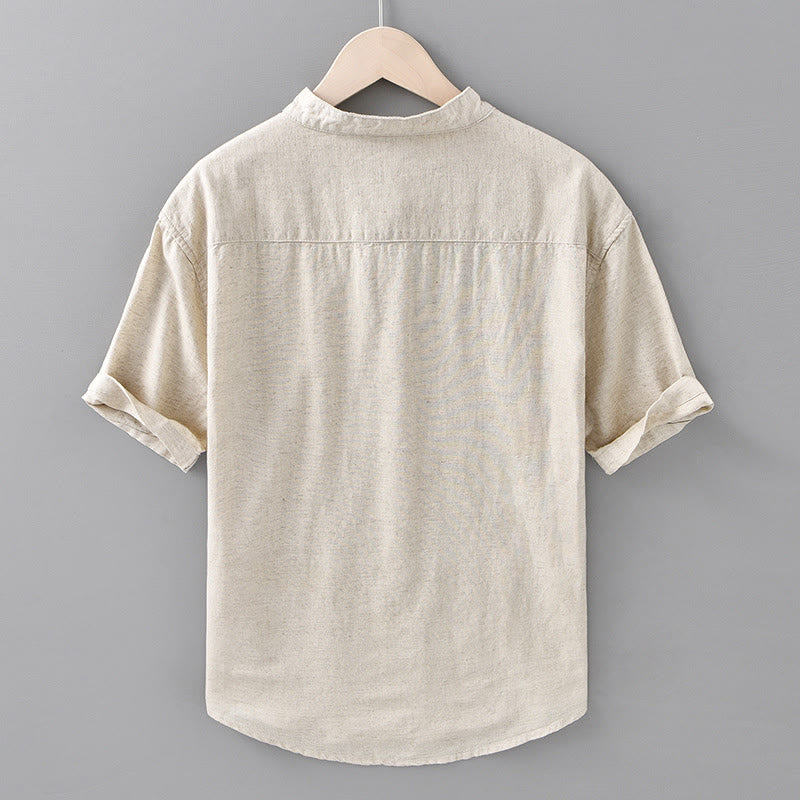 Koszula męska z krótkim rękawem z bawełny i lnu z krótkim rękawem i krótkim rękawem w jednolitym kolorze z kolekcji Buddha Stones Summer - image 2