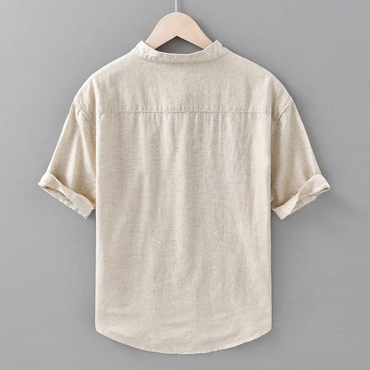 Koszula męska z krótkim rękawem z bawełny i lnu z krótkim rękawem i krótkim rękawem w jednolitym kolorze z kolekcji Buddha Stones Summer - image 2