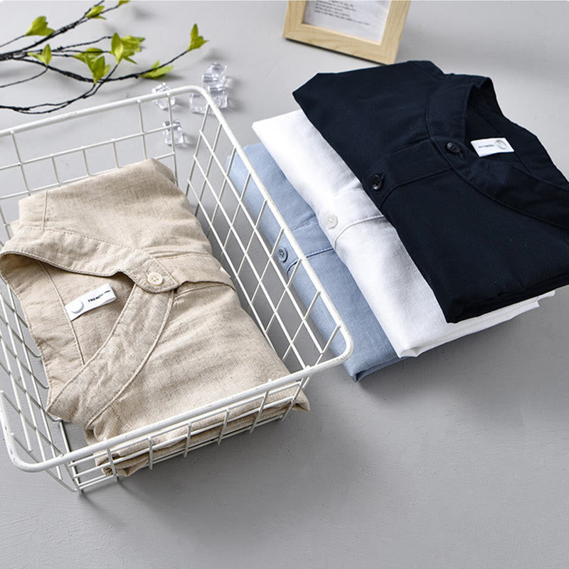 Koszula męska z krótkim rękawem z bawełny i lnu z krótkim rękawem i krótkim rękawem w jednolitym kolorze z kolekcji Buddha Stones Summer - image 19