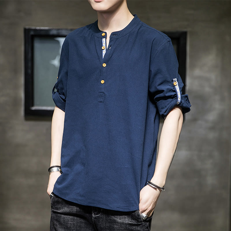 Koszula męska z krótkim rękawem i półguzikami Buddha Stones Summer Solid z lnu - Stalowoniebieski - US/UK/AU46， EU56 (5XL) - image 17