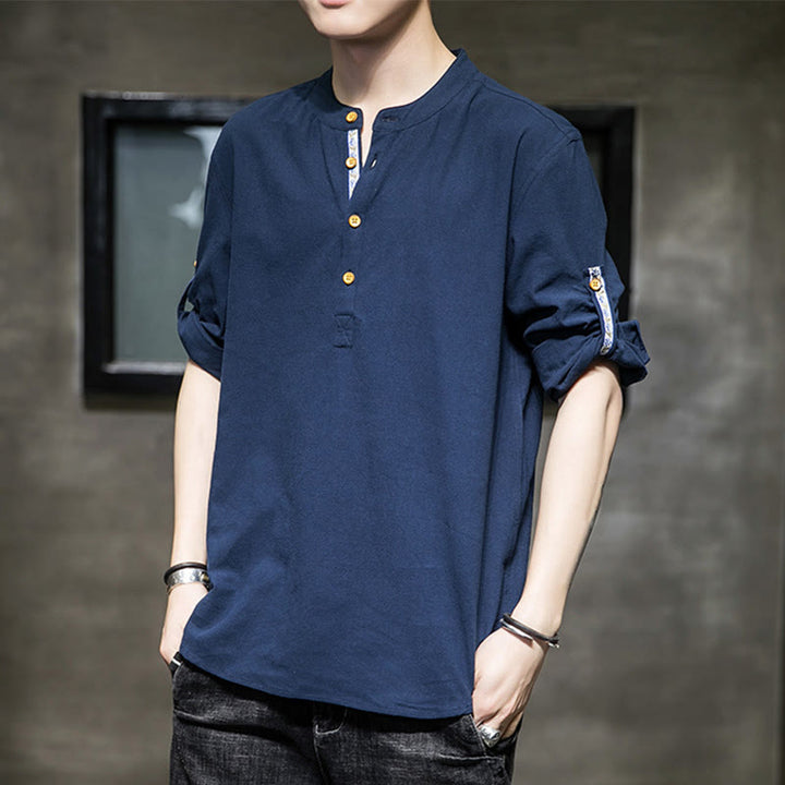 Koszula męska z krótkim rękawem i półguzikami Buddha Stones Summer Solid z lnu - Stalowoniebieski - US/UK/AU46， EU56 (5XL) - image 17