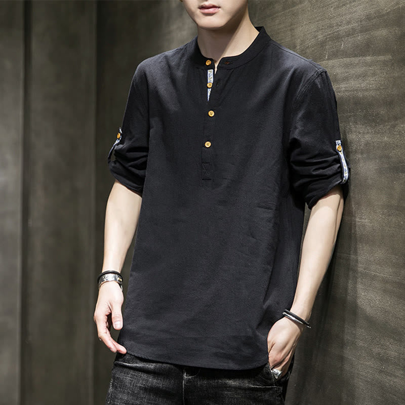 Koszula męska z krótkim rękawem i półguzikami Buddha Stones Summer Solid z lnu - Czarny - US/UK/AU46， EU56 (5XL) - image 8