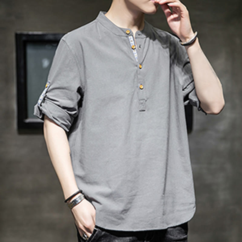 Koszula męska z krótkim rękawem i półguzikami Buddha Stones Summer Solid z lnu - image 3