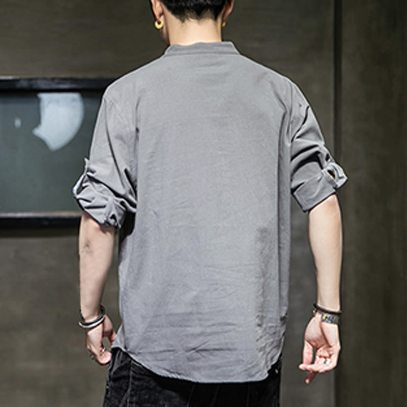 Koszula męska z krótkim rękawem i półguzikami Buddha Stones Summer Solid z lnu - image 2