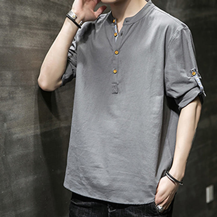 Koszula męska z krótkim rękawem i półguzikami Buddha Stones Summer Solid z lnu - image 7