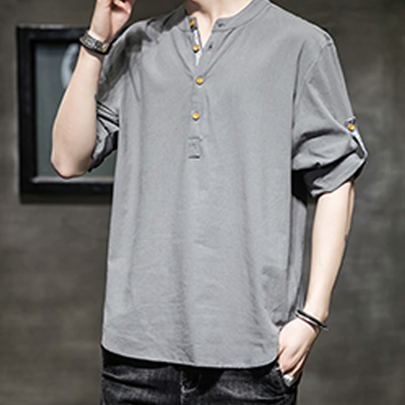 Koszula męska z krótkim rękawem i półguzikami Buddha Stones Summer Solid z lnu - image 1