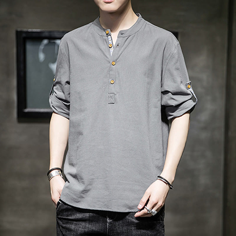 Koszula męska z krótkim rękawem i półguzikami Buddha Stones Summer Solid z lnu - image 4