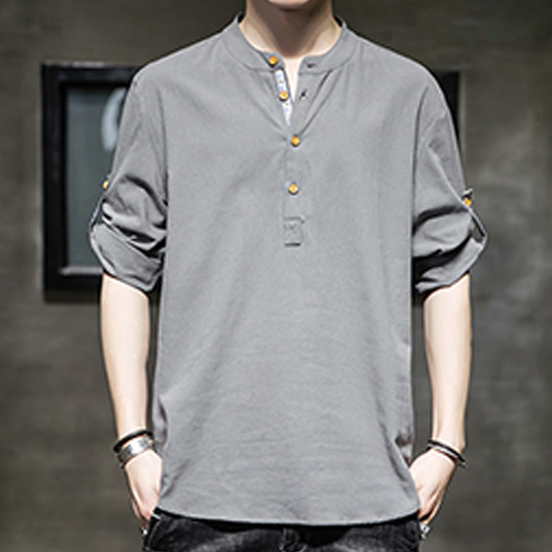 Koszula męska z krótkim rękawem i półguzikami Buddha Stones Summer Solid z lnu - image 5