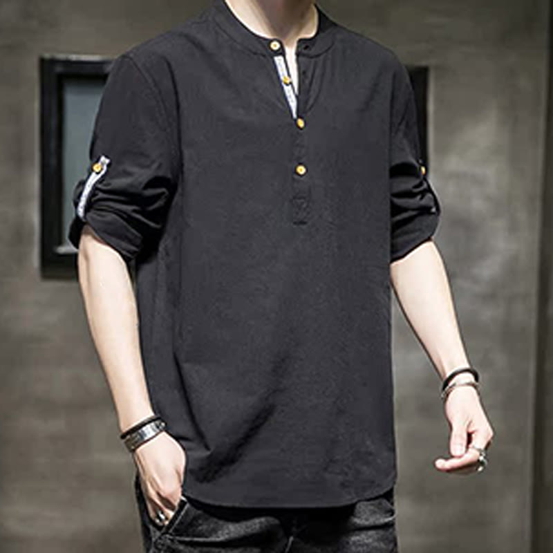 Koszula męska z krótkim rękawem i półguzikami Buddha Stones Summer Solid z lnu - image 12