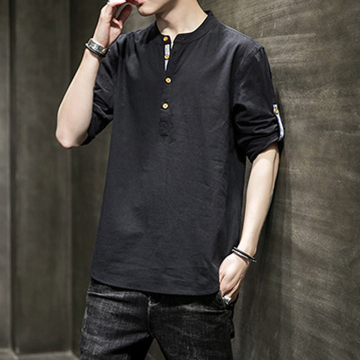 Koszula męska z krótkim rękawem i półguzikami Buddha Stones Summer Solid z lnu - image 11