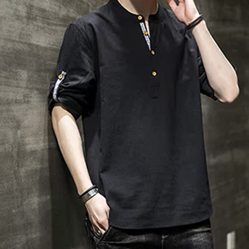 Koszula męska z krótkim rękawem i półguzikami Buddha Stones Summer Solid z lnu - image 15