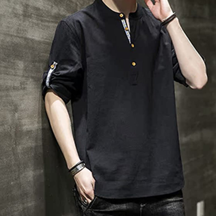 Koszula męska z krótkim rękawem i półguzikami Buddha Stones Summer Solid z lnu - image 15