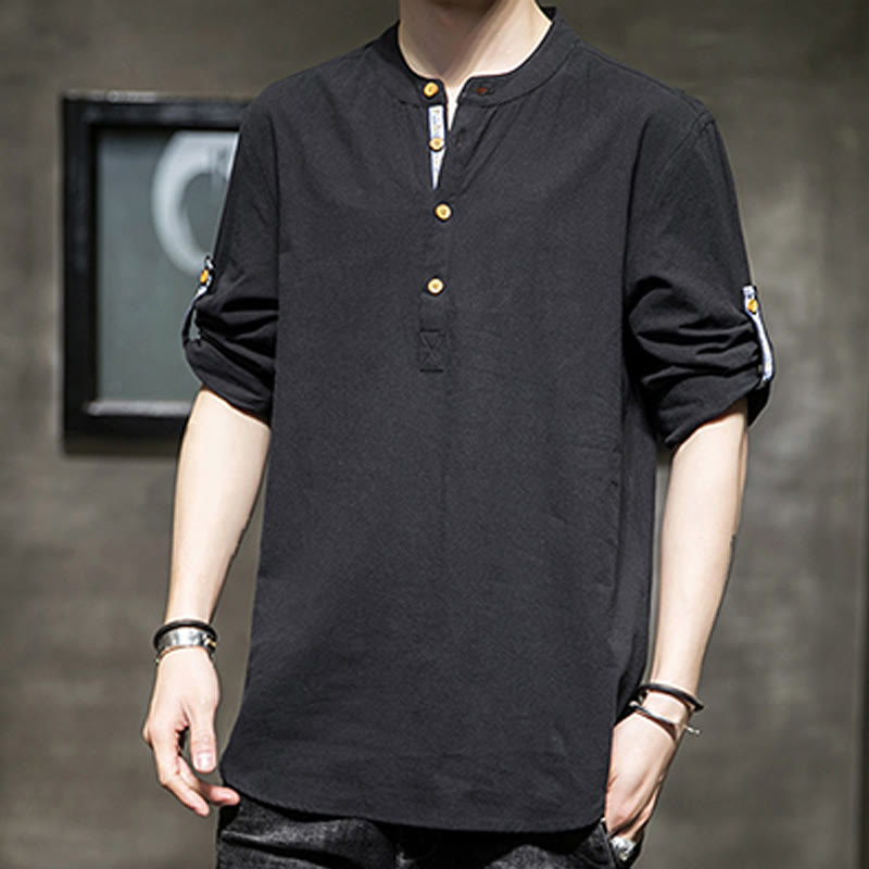 Koszula męska z krótkim rękawem i półguzikami Buddha Stones Summer Solid z lnu - image 14