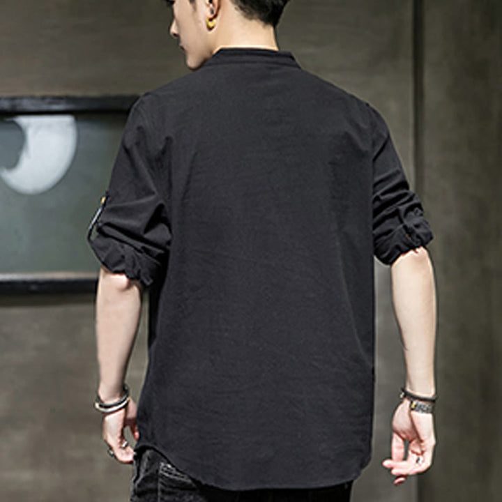 Koszula męska z krótkim rękawem i półguzikami Buddha Stones Summer Solid z lnu - image 9