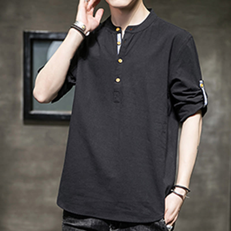 Koszula męska z krótkim rękawem i półguzikami Buddha Stones Summer Solid z lnu - image 16