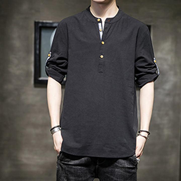 Koszula męska z krótkim rękawem i półguzikami Buddha Stones Summer Solid z lnu - image 13