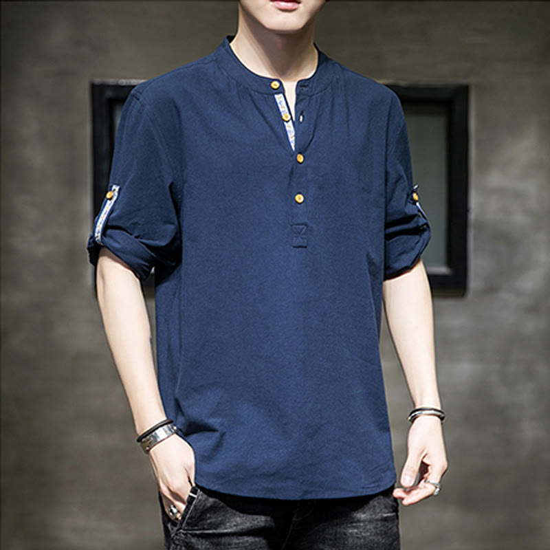 Koszula męska z krótkim rękawem i półguzikami Buddha Stones Summer Solid z lnu - image 22