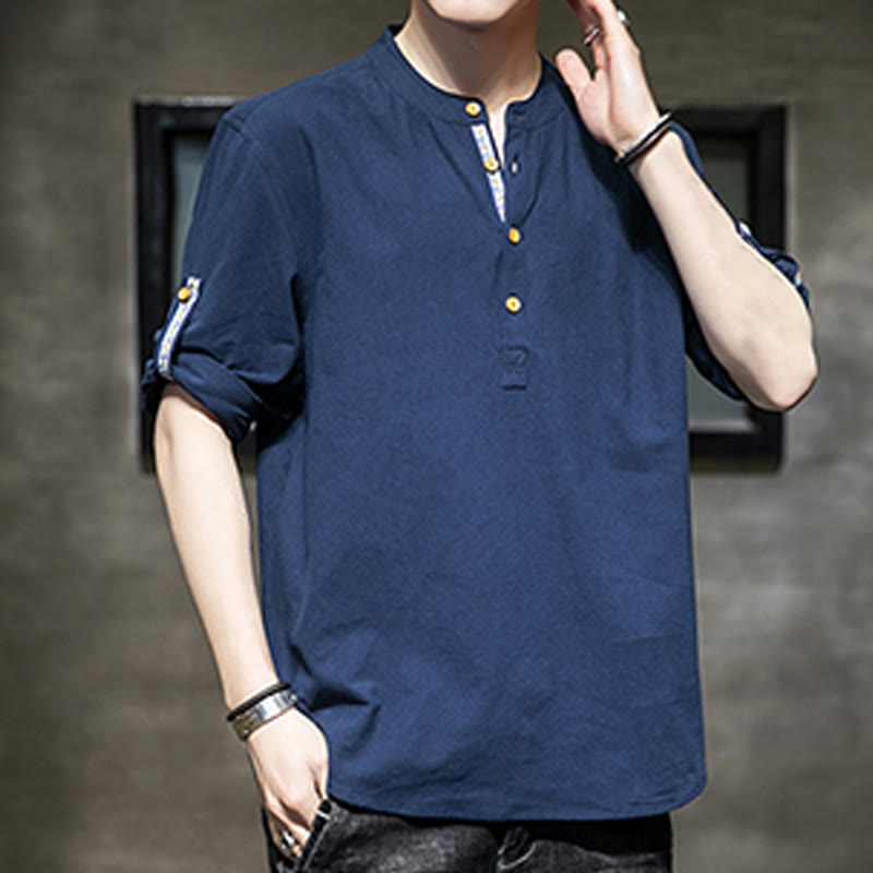 Koszula męska z krótkim rękawem i półguzikami Buddha Stones Summer Solid z lnu - image 19