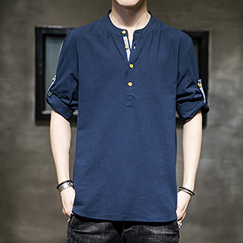 Koszula męska z krótkim rękawem i półguzikami Buddha Stones Summer Solid z lnu - image 23