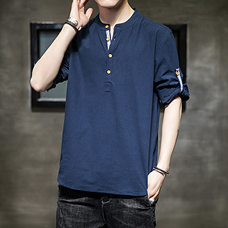 Koszula męska z krótkim rękawem i półguzikami Buddha Stones Summer Solid z lnu - image 24